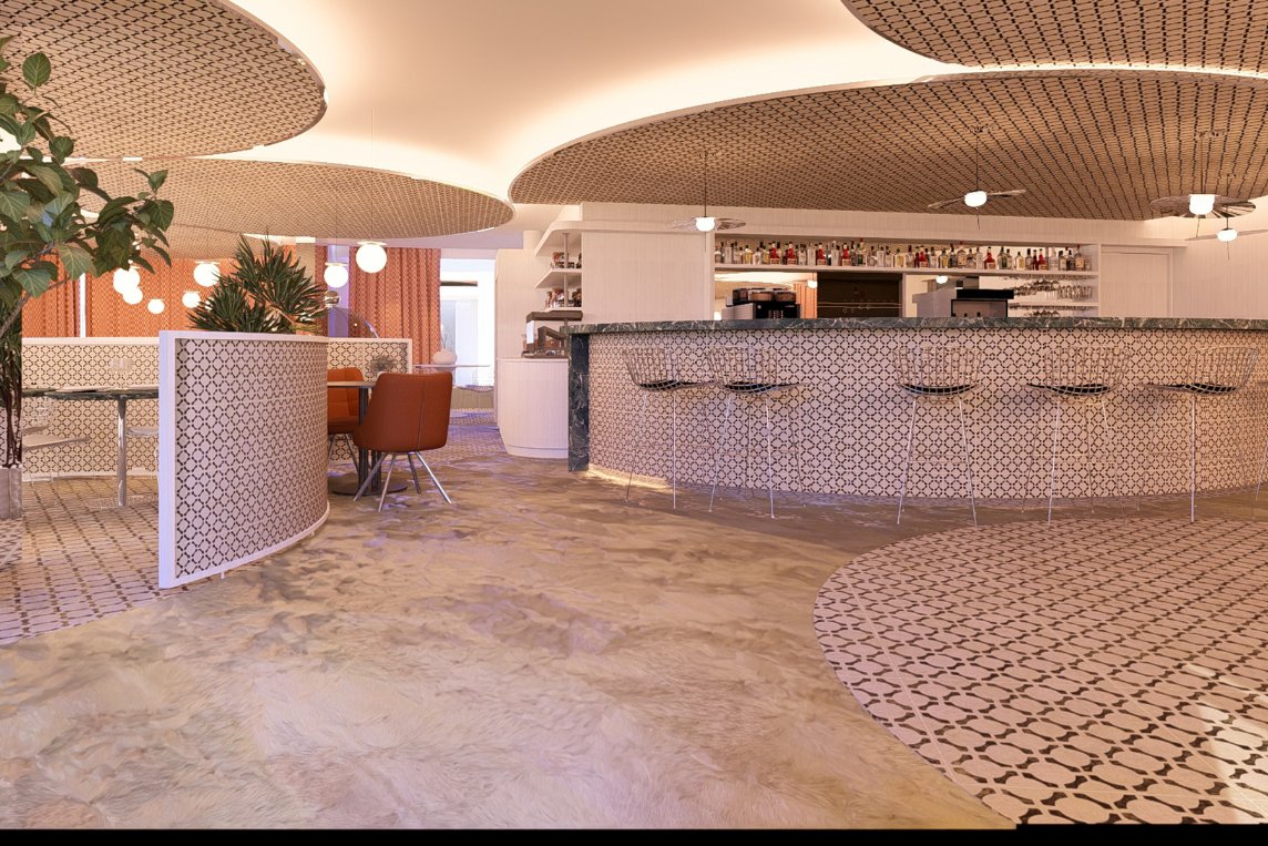 en::Bar with rounded shapes from ceiling to floor, ceiling and counter patterns echoed on the floor, metal bar stools, and soft, luminous colors. fr::Bar aux formes arrondies du plafond au sol, motifs du plafond et du comptoir repris au sol, fauteuils de bar métalliques, couleurs douces et lumineuses.