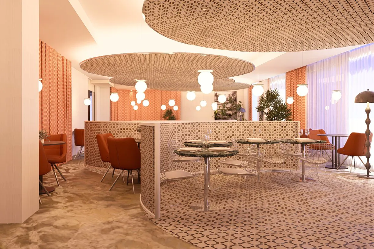 en::Bar with rounded shapes from ceiling to floor, ceiling and counter patterns echoed on the floor, orange armchairs and curtains, grey marble counter against a white wall, and design alcoves ensuring privacy between tables. fr::Bar aux formes arrondies du plafond au sol, motifs du plafond et du comptoir repris au sol, fauteuils et rideaux orangés, comptoir en marbre gris contre mur blanc, alcôves design assurant l’intimité entre les tables.