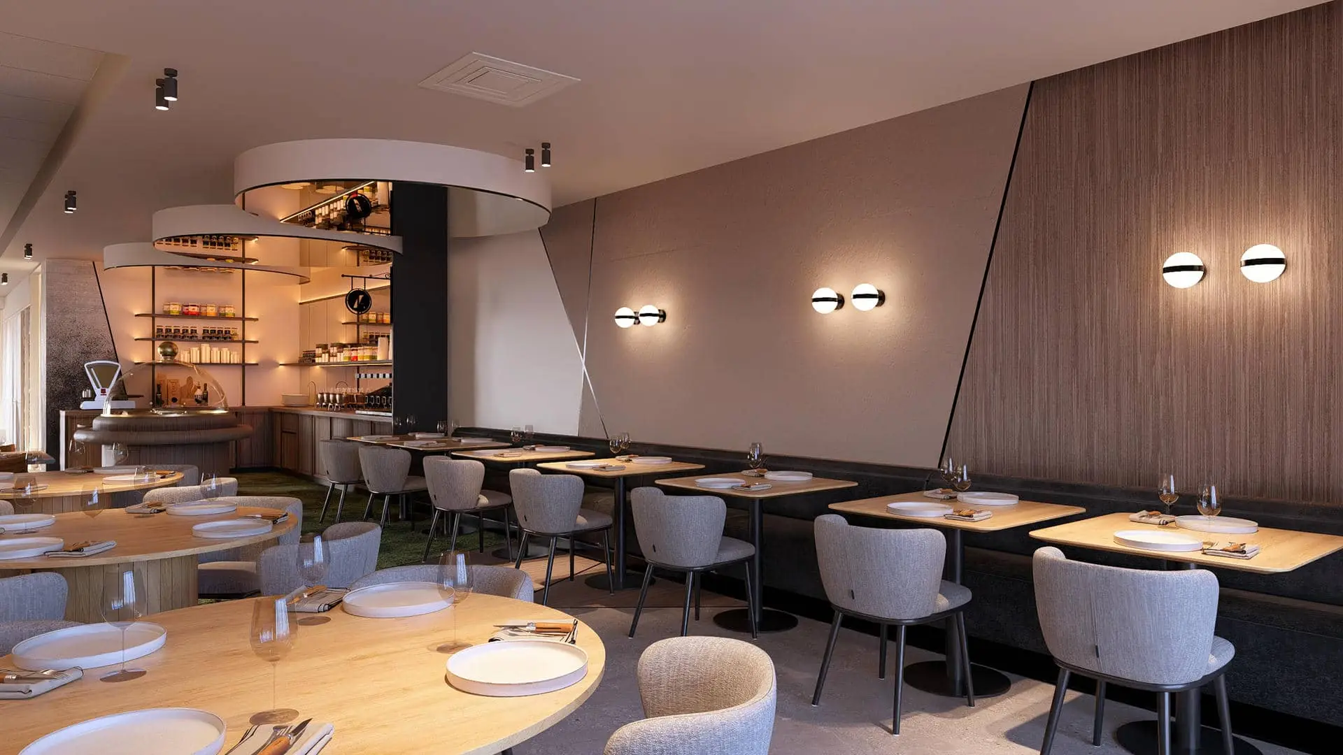 une impression d'artiste d'un restaurant avec des tables et des chaises