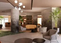 une impression d'artiste d'un hall d'hôtel avec un canapé et des chaises