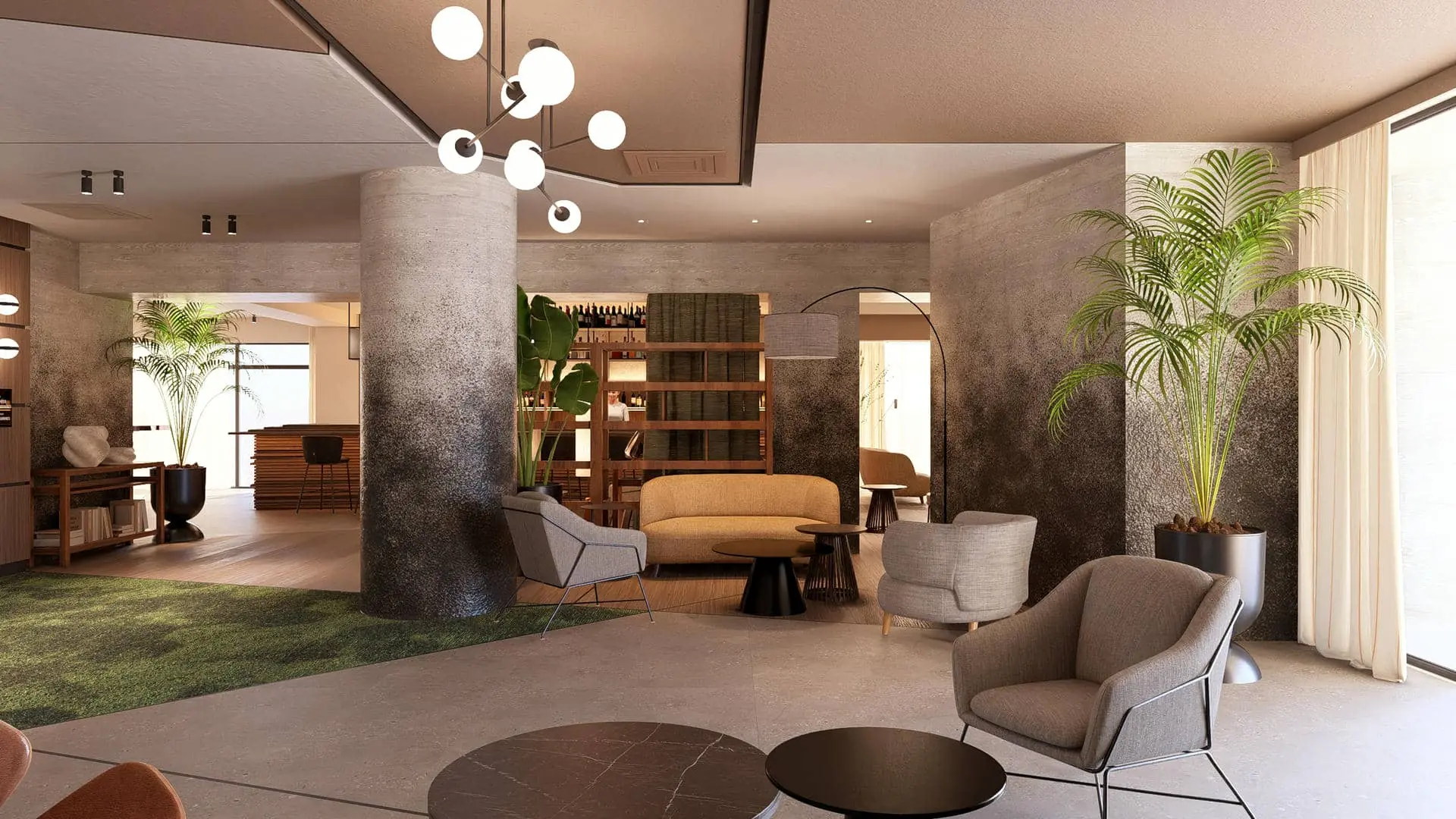 une impression d'artiste d'un hall d'hôtel avec un canapé et des chaises