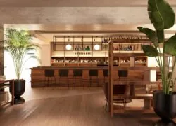 une impression d'artiste d'un restaurant avec un bar et des chaises