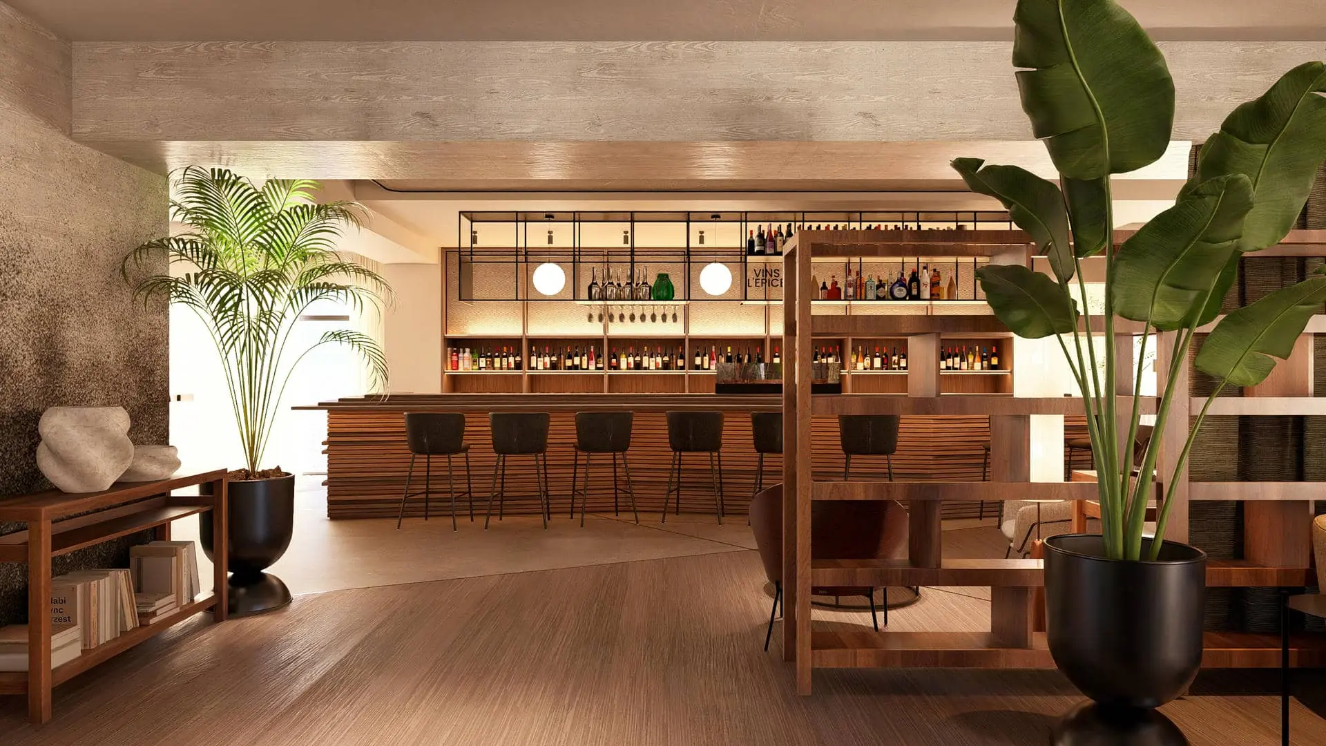 une impression d'artiste d'un restaurant avec un bar et des chaises