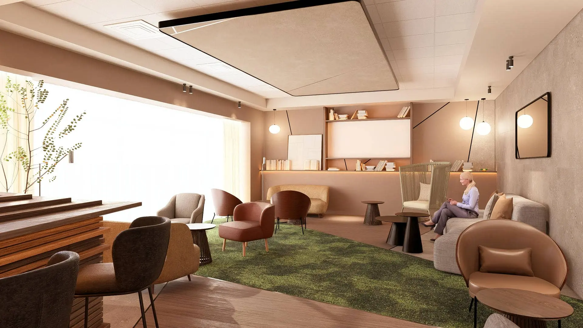 une femme est assise sur un canapé dans une pièce avec des chaises et des tables