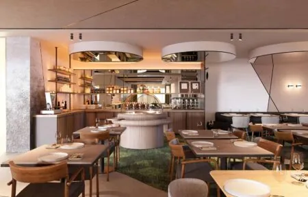 une impression d'artiste d'un restaurant avec des tables et des chaises