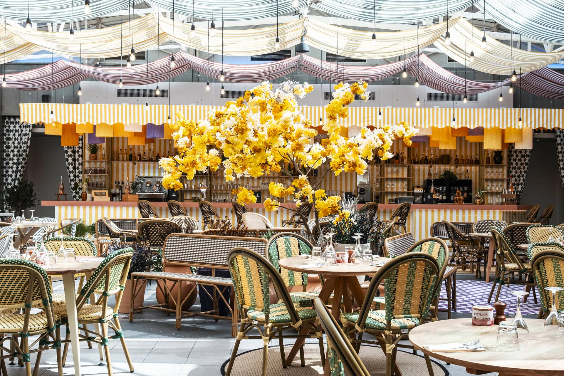 un restaurant avec des tables et des chaises et un arbre avec des fleurs jaunes