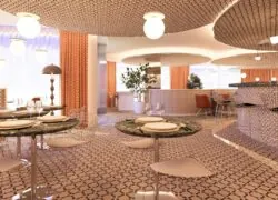 une impression d'artiste d'un restaurant avec des tables et des chaises