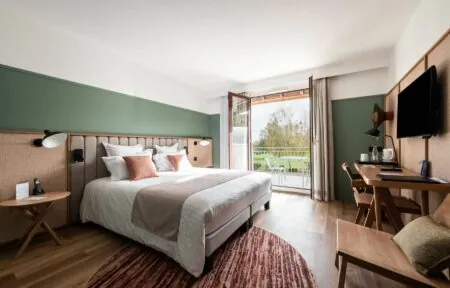 une chambre d'hôtel avec un grand lit et une télévision à écran plat