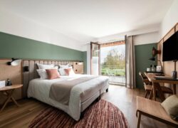 une chambre d'hôtel avec un grand lit et une télévision à écran plat