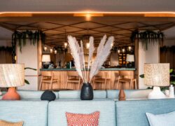 un salon avec un canapé et un vase d'herbe de la pampa