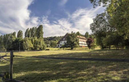 un champ clôturé avec une maison à l'arrière-plan