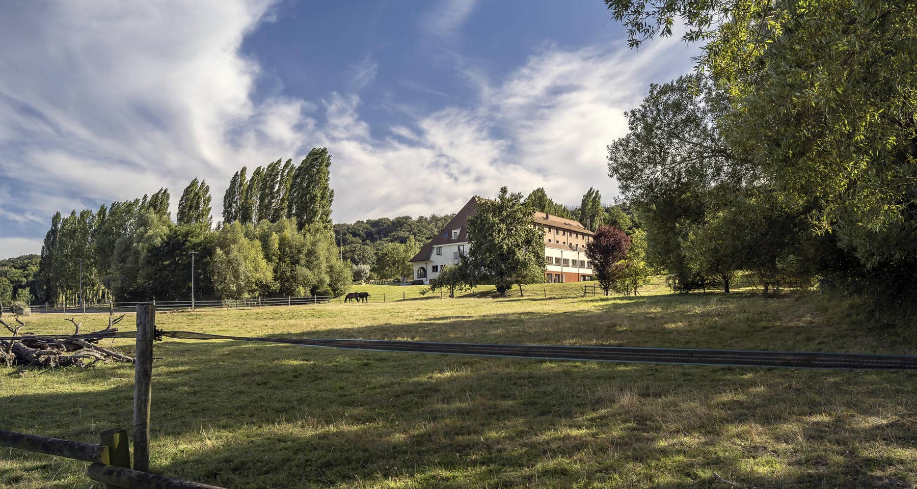 un champ clôturé avec une maison à l'arrière-plan