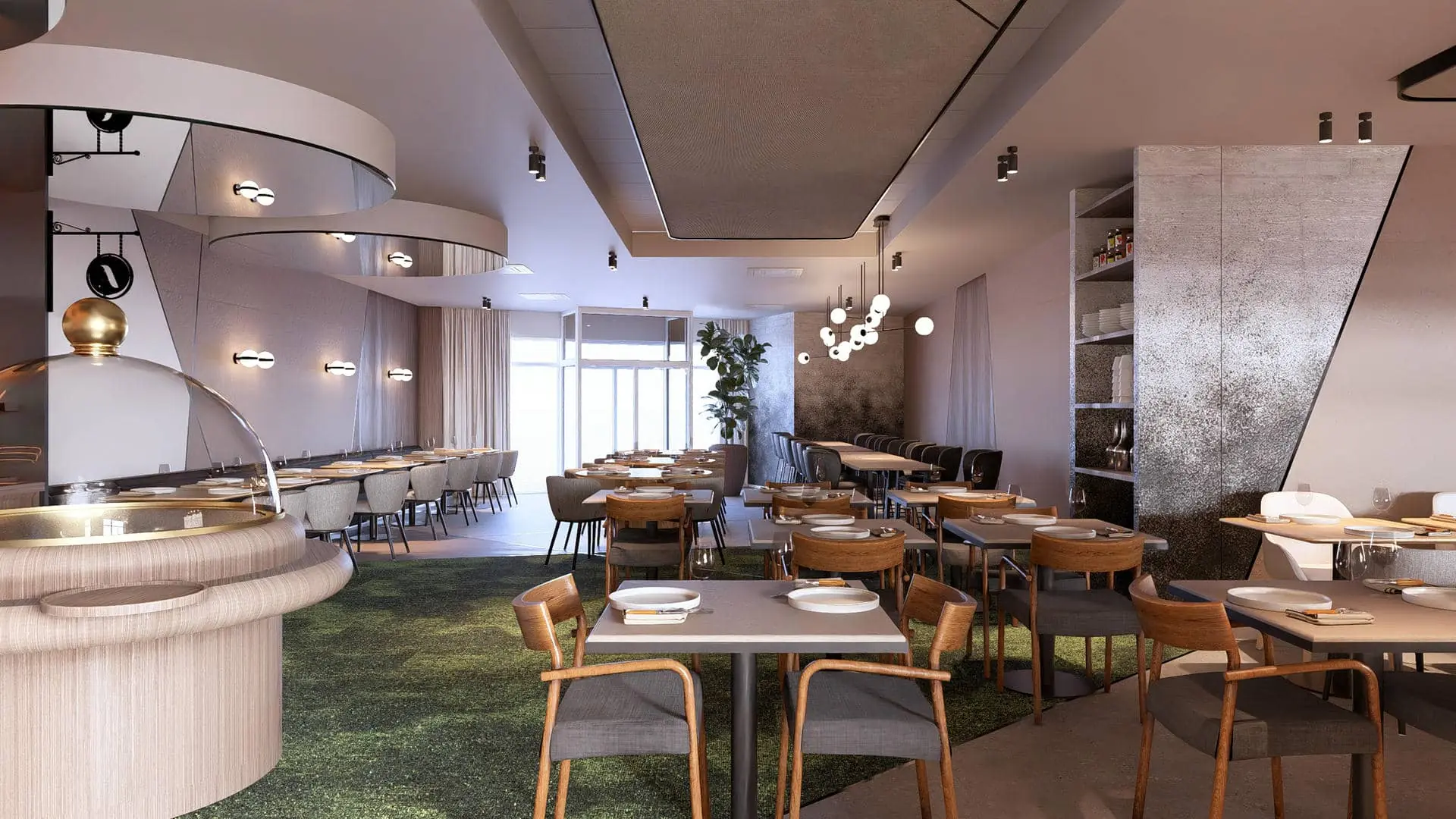 une impression d'artiste d'un restaurant avec des tables et des chaises