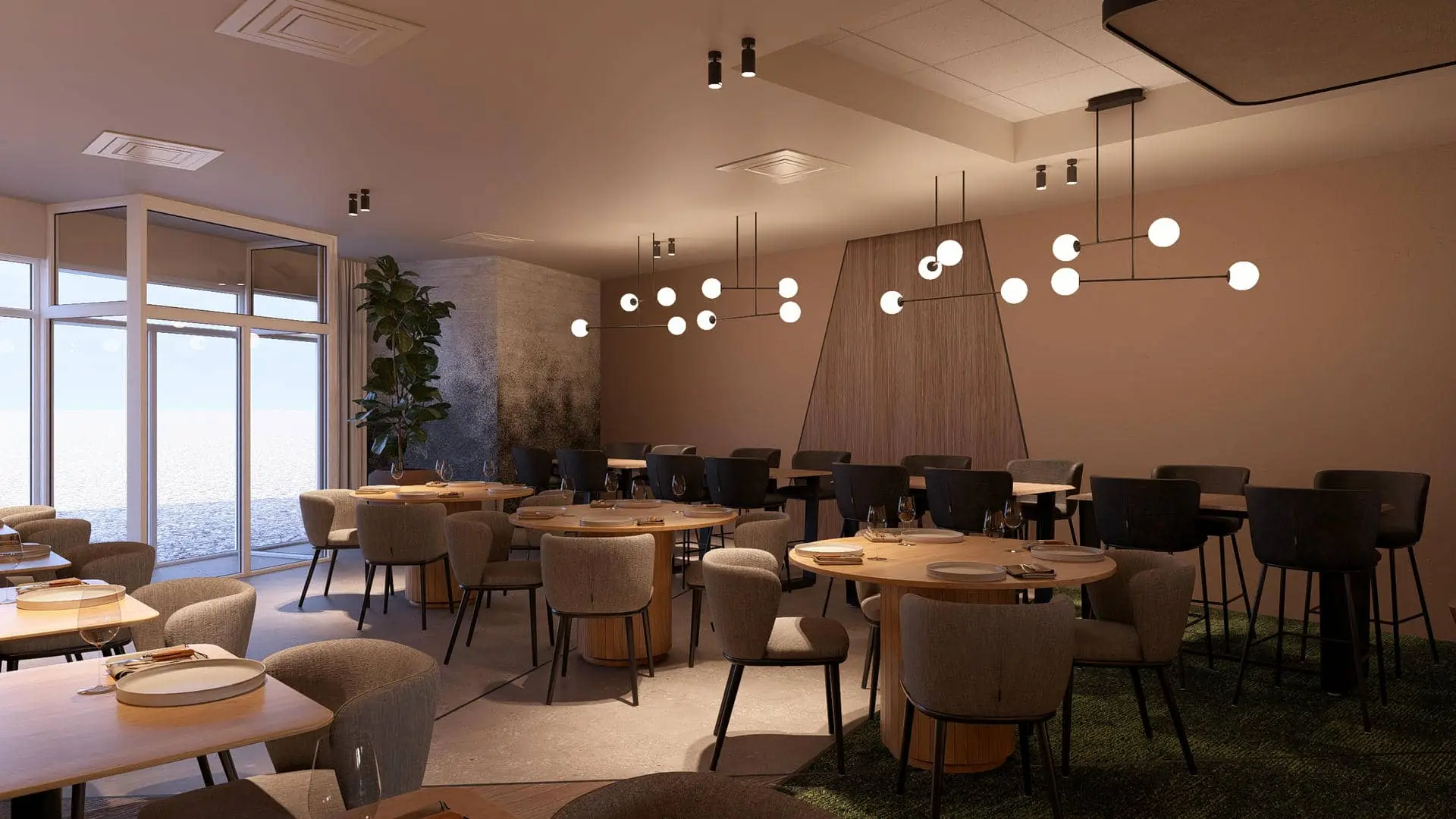 un rendu d'un restaurant avec des tables et des chaises