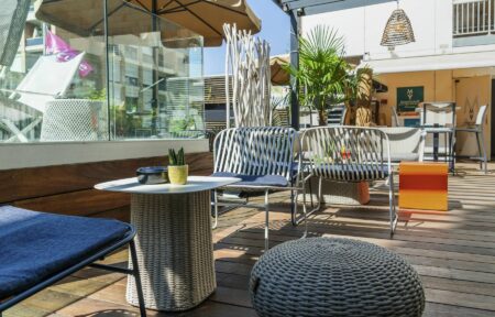 a patio with a sign that says jungle on it