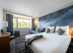 une chambre d'hôtel avec un grand lit et une grande fenêtre