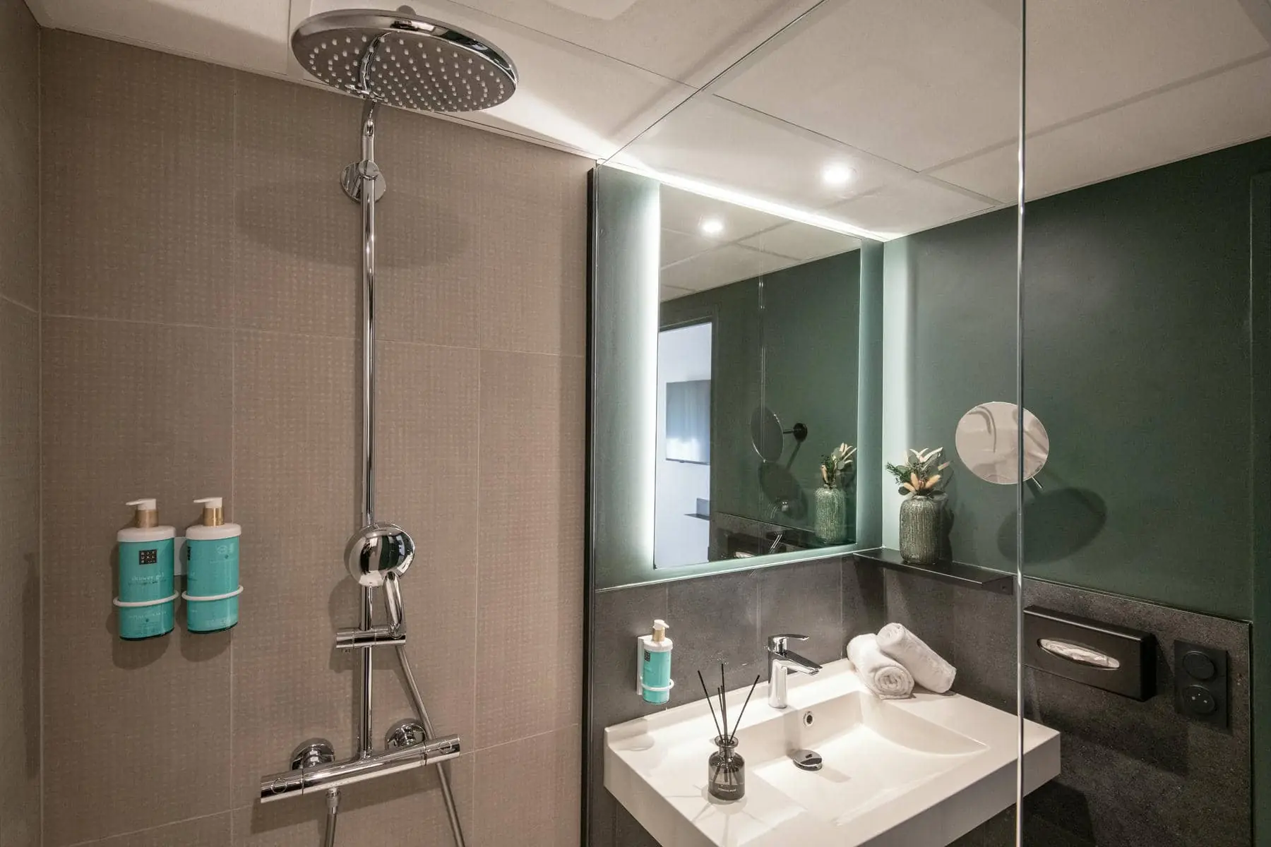 une salle de bain avec un lavabo, une douche et un miroir