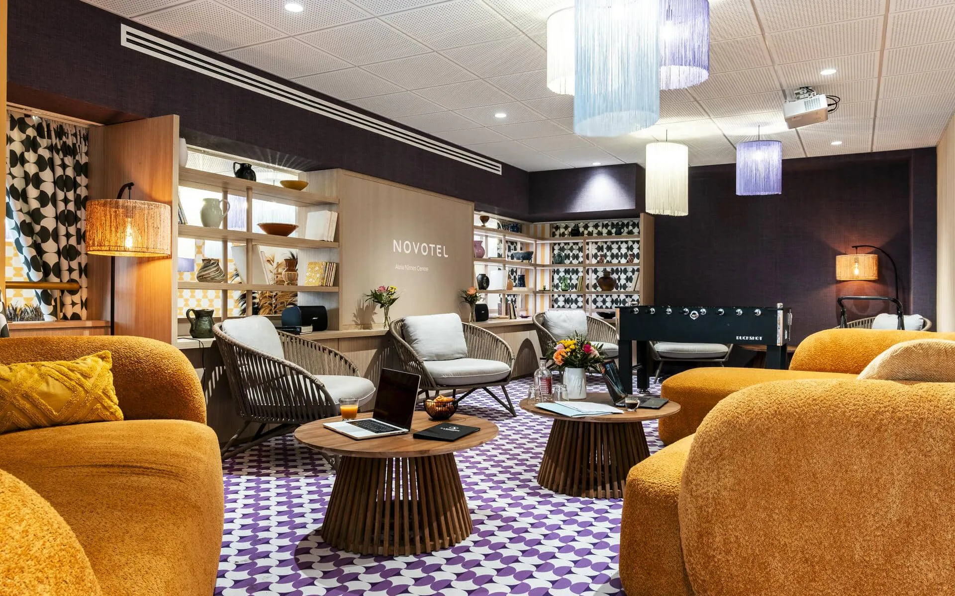 a room with a sign that says novotel on it