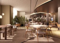 en::Restaurant area with round tables for four guests or more, a high table for over ten people, ceiling light structures defining the bar, lounge, and dining areas, khaki and almond-green curtains, and flooring combining tiles and light green carpet. fr::Salle de restaurant avec tables rondes pour quatre personnes et plus, table haute pour plus de dix convives, structures lumineuses au plafond délimitant les espaces bar, salon et salle, rideaux kakis et vert amande, sol mêlant carrelage et moquette vert clair.