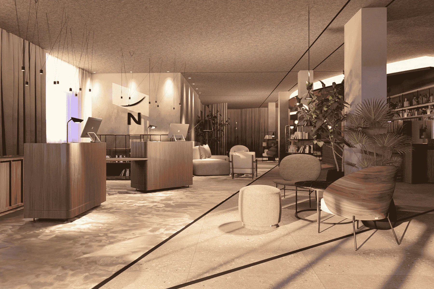 en::Hotel lobby featuring the Novotel “N” logo on the wall, two reception desks, a lounge area with armchairs and a sofa, and a large central bar in the background. fr::Lobby de l’hôtel avec le logo « N » de Novotel sur le mur, deux desks de réception, un espace salon avec fauteuils et canapé, et en arrière-plan un bar central imposant.