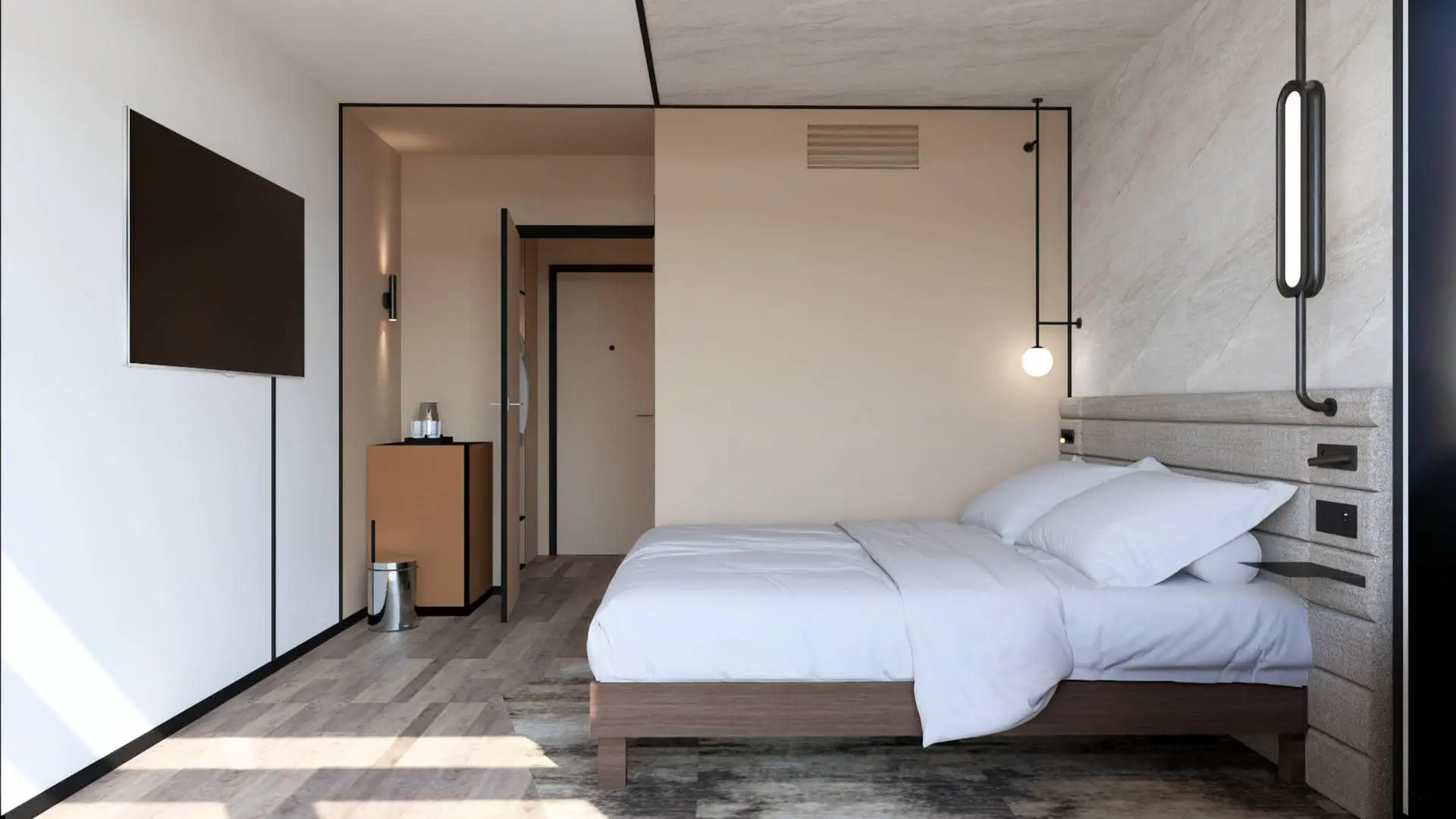 a bedroom with a large bed and a flat screen tv