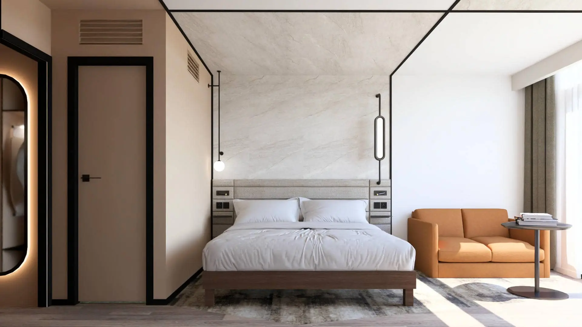 a hotel room with a bed and a couch