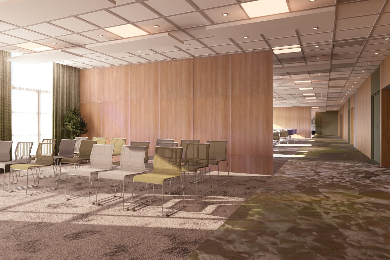 en::Three open-space meeting rooms separated by wooden partitions, featuring beige and khaki chairs, plum and khaki carpets, in a bright, contemp fr::Trois salles de réunion en open space, séparées par des cloisons en bois, avec chaises beiges et kaki, moquettes parme et kaki, dans un espace lumineux et design.