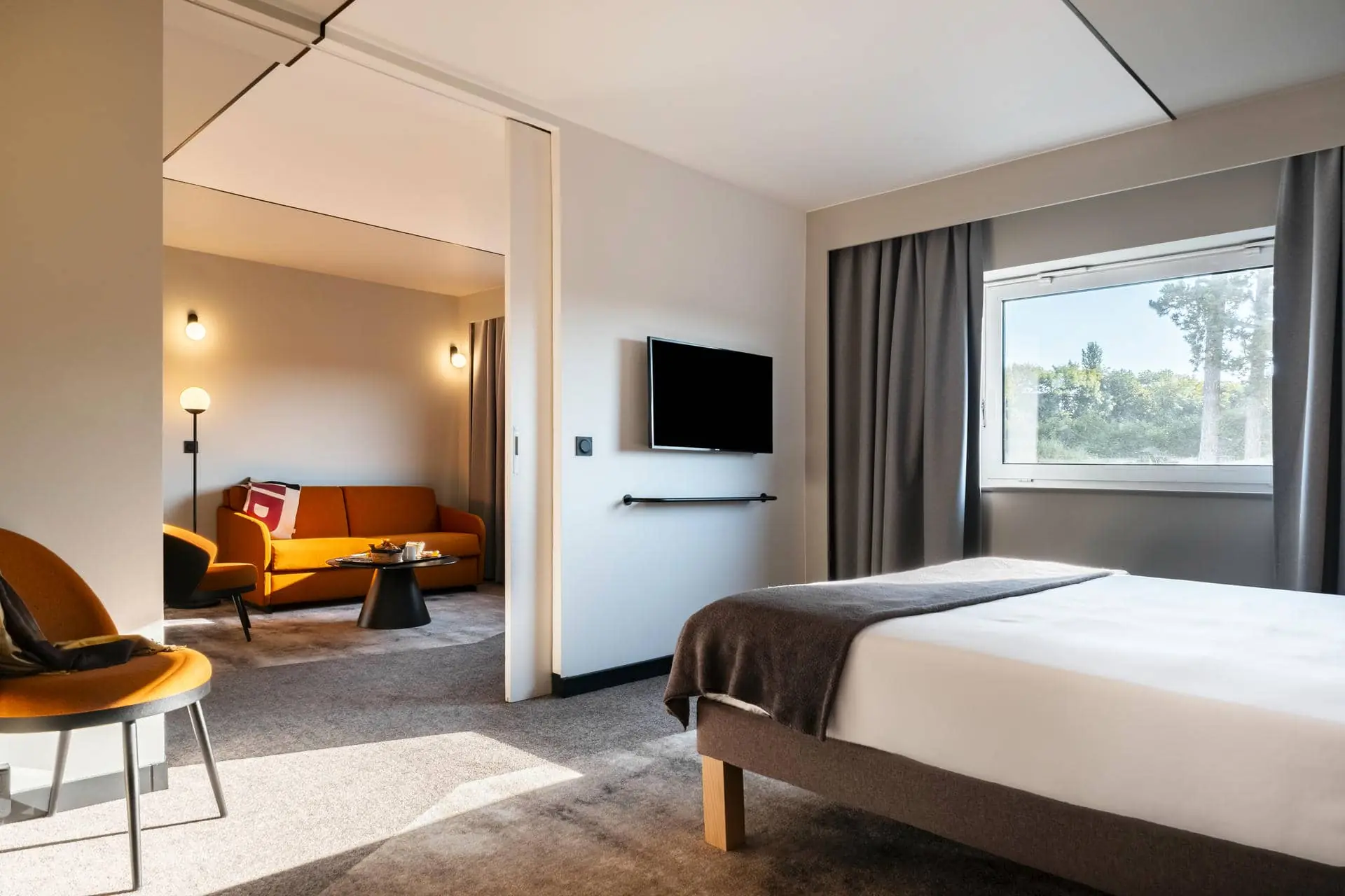 une chambre d'hôtel avec un lit, un canapé et une télévision