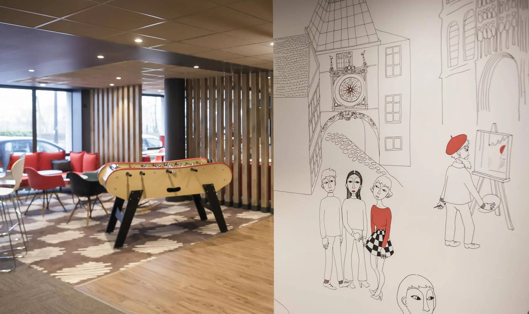 a drawing of a group of people standing next to each other on a wall