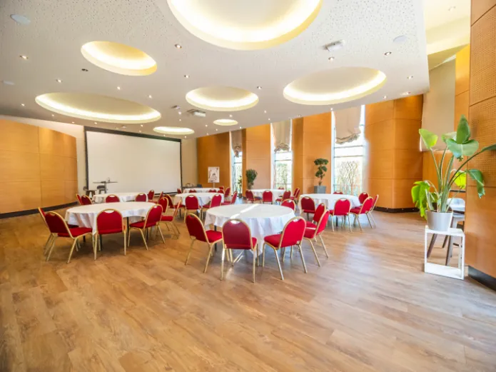 overview of the Rouen meeting room set in banquet style, with round tables covered in tablecloths