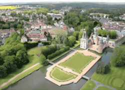en::drone view of the hotel in its surroundings, next to the Château de Maintenon, showing that the gardens are adjoining fr::vue de drone de l’hôtel dans son environnement, à côté du château de Maintenon, montrant que les jardins sont mitoyens