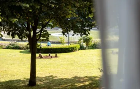 view from the Mercure Rouen Centre Champ de Mars hotel overlooking the Champ de Mars park, featuring tree-lined paths, open green areas, and a central fountain