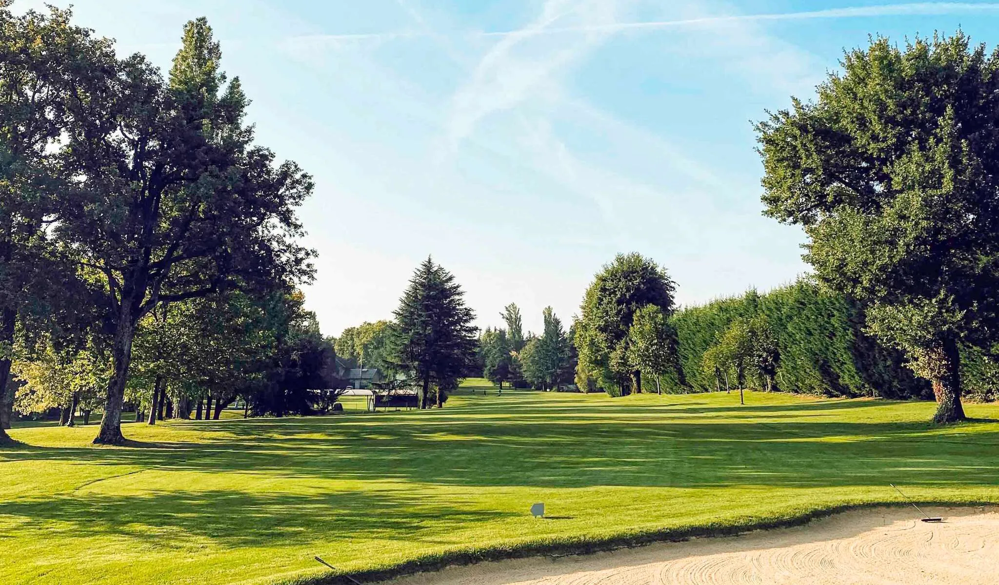 en::Park with trees and pines, bunker in the foreground with two rakes. fr::Parc avec arbres et sapins, bunker au premier plan avec deux râteaux.