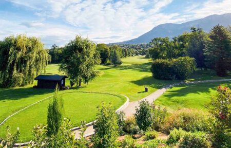 en::Park with trees and pines, alpine mountains in the background, wooden cabin between two trees. fr::Parc avec arbres et sapins, monts alpins en arrière-plan, cabane en bois entre deux arbres.