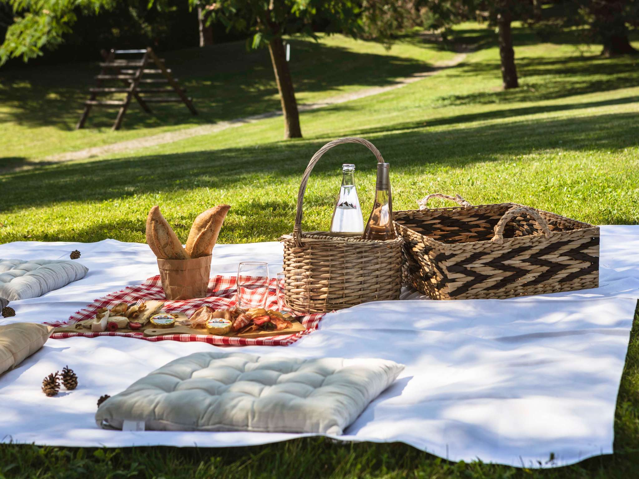 en::Picnic set on a white blanket in the park under trees, near outdoor fitness equipment. fr::Pique-nique sur nappe blanche dans le parc sous les arbres, proche d’un parcours de santé.