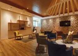 en::Room with wooden floor, wall with round wood patterns, wooden chandelier, shelves with straps, table center with logs and deer décor. fr::Salle avec parquet bois, mur en rondins de bois, lustre bois, étagères suspendues, centre de table avec bûches et décor cerf.