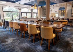 en::Room with blue carpet, blue and white ceiling, square wooden tables, chairs in blue, beige and bronze tones. fr::Salle avec moquette bleue, plafond bleu et blanc, tables carrées en bois, chaises bleues, beiges et bronze.