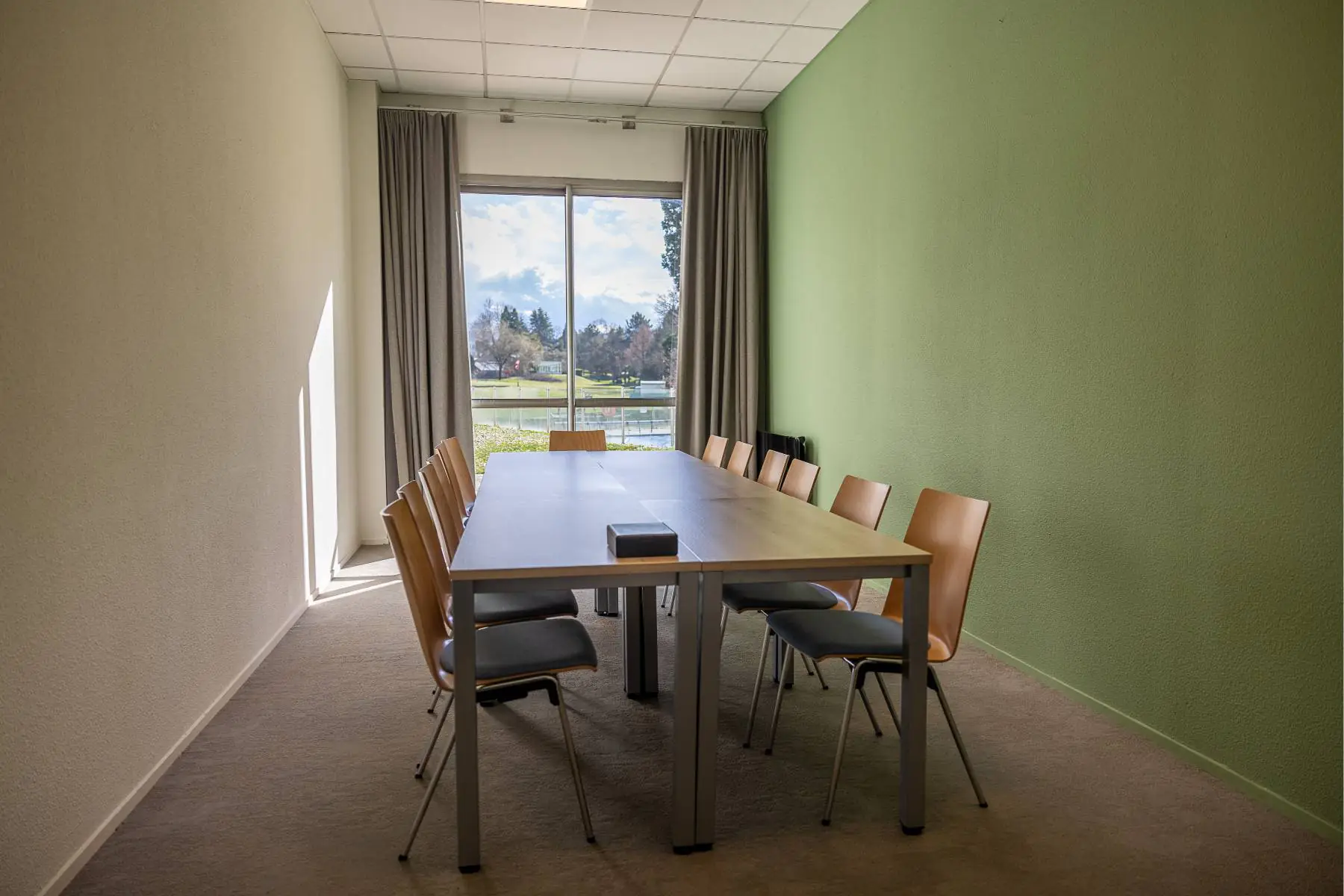en::Room with green and beige walls, brown curtains open onto the grounds, central table with surrounding chairs. fr::Salle aux murs verts et beiges, rideaux marron ouverts sur le domaine, table centrale avec chaises autour.