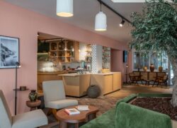 Lobby with central olive tree, sofas, epicerie shop with large cheese dome and terrace access