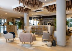 Un comptoir bar avec salon lounge en mezzanine, accessible par quelques marches, faisant face à l’entrée