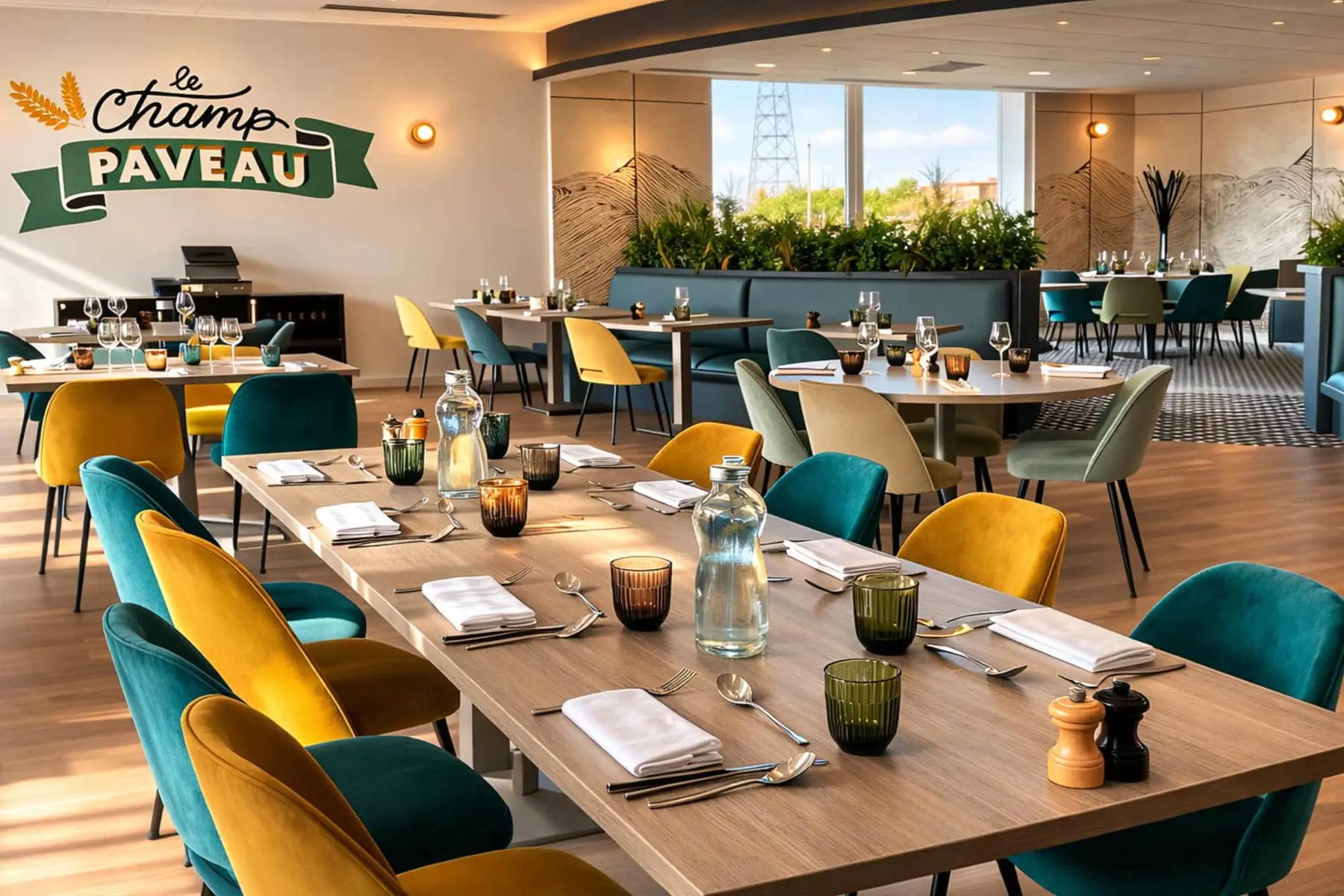 Une salle de restaurant dans les tons bois clair, avec des tables dressées pour 2 à 8 personnes, aec des fauteuils en velours bleu canard et jaune moutarde et le nom du restaurant sur le mur du fond.