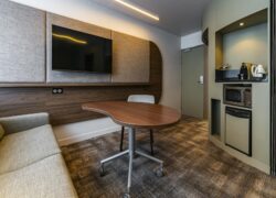 Suite avec moquette à carreaux marron, TV murale sur revêtement en tissu beige, canapé deux personnes devant une table à roulettes en bois et kitchenette vert amande.
