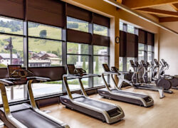 Espace cardio d’une salle de sport moderne avec plusieurs tapis de course et vélos elliptiques alignés devant de grandes baies vitrées offrant une vue sur des collines verdoyantes et des habitations en montagne.
