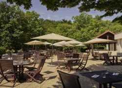 Terrasse de restaurant extérieure avec sol pavé, tables en bois foncé et chaises pliantes dressées avec verres et couverts au premier plan, de nombreux parasols beiges abritant l'espace repas, et un pavillon au toit en tuiles près d'un bâtiment d'hôtel entouré d'arbres denses en arrière-plan, proposant une restauration sur place en pleine nature.