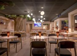 Restaurant d'hôtel avec plafond sombre perforé orné de suspensions globes, comprenant un grand tronc d'arbre décoratif avec feuillage vert à gauche, des tables rondes avec chaises sombres et en bois clair et lampes de table cuivrées, un téléviseur mural et des banquettes rayées rouge et blanc en arrière-plan, et un sol en bois clair, pour une restauration sur place.