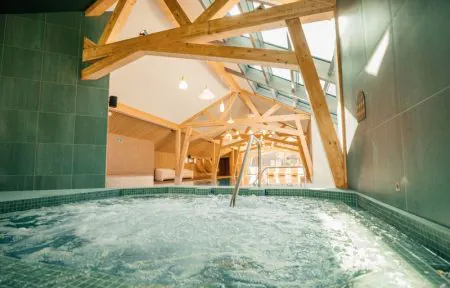 Espace jacuzzi intérieur pour un séminaire bien-être, avec bassin à remous bouillonnant au premier plan et main courante centrale, charpente apparente en bois et verrières en plafond, ainsi que des espaces de détente se prolongeant à l’arrière-plan sous un éclairage chaleureux.