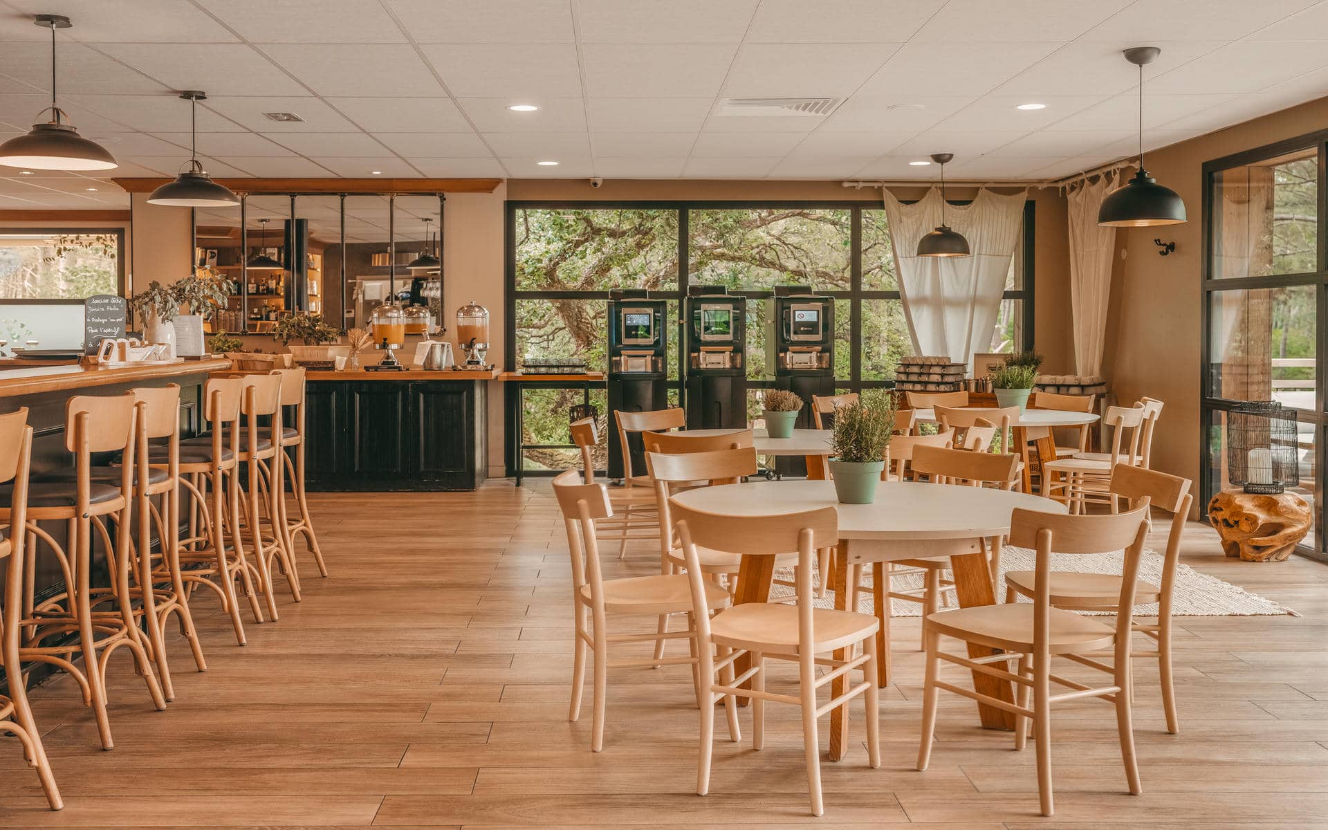 Restaurant and bar area in a wide view, featuring on the left a long wooden counter lined with high stools, while at the center and right round tables and wooden chairs are arranged on a wood-look floor; large windows overlooking trees, hanging industrial-style lamps and potted plants create a bright, natural atmosphere.
