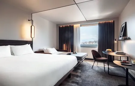 Large double bed with an open double sofa bed beside it, facing the desk, and a large window on the left overlooking the city of Grenoble.