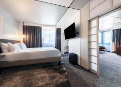 Design suite at the Novotel Grenoble, featuring dual carpeting to distinguish the sleeping area from the lounge area, sliding doors, and a mountain view in brown and orange tones.