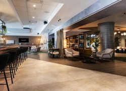 Large wooden bar counter with perfectly aligned high chairs, cinema lounge in the background and two bookcase areas in a seminar venue in Grenoble.